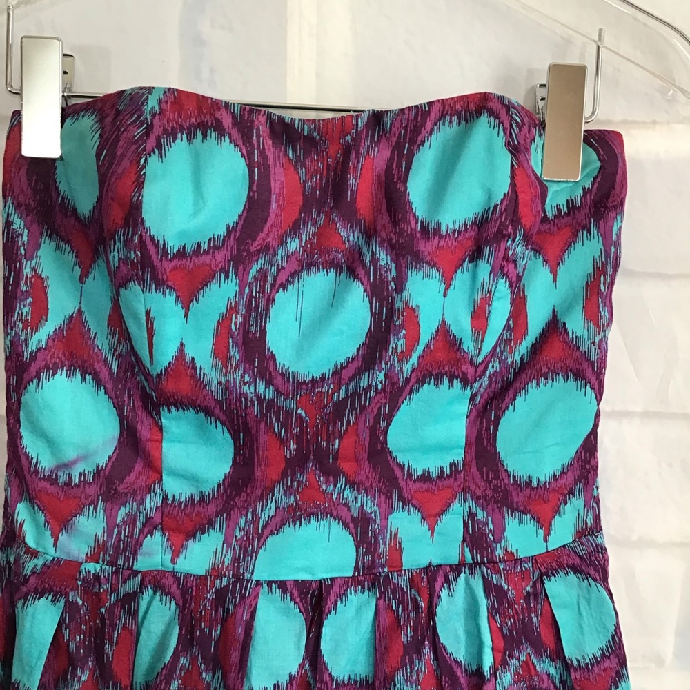 Nicole Miller Turquoise/Purple Cotton Ikat Strapless Dress Sz. 2 - Picture 4 of 7